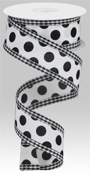 1.5"x10yd Medium Polka Dot On Royal Burlap w/Gingham Edge, White/Black  MY35