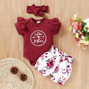 3-piece Floral Bodysuit, Floral Shorts with Headband for Baby Girl