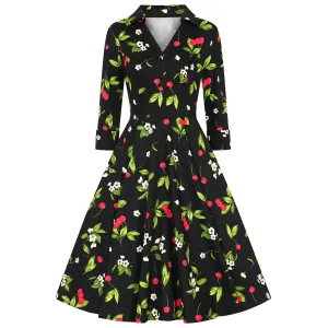 Black & Red Cherry Print Collared V Neck Rockabilly 50s Swing Dress w/ Pockets