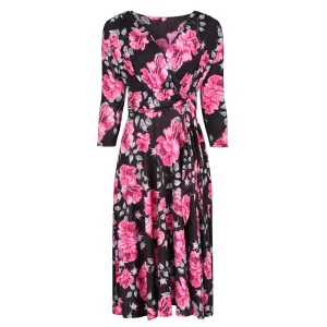 Black And Floral 3/4 Sleeve V Neck Crossover Top Empire Waist Tea Dress