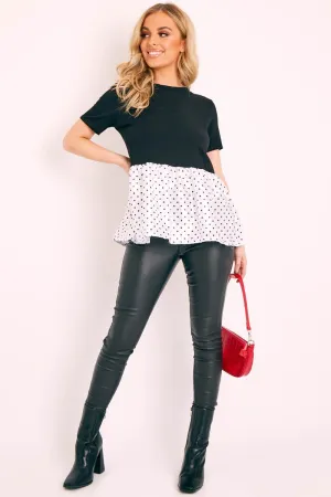 Black White Polka Satin Peplum Hem T-shirt - Zyria