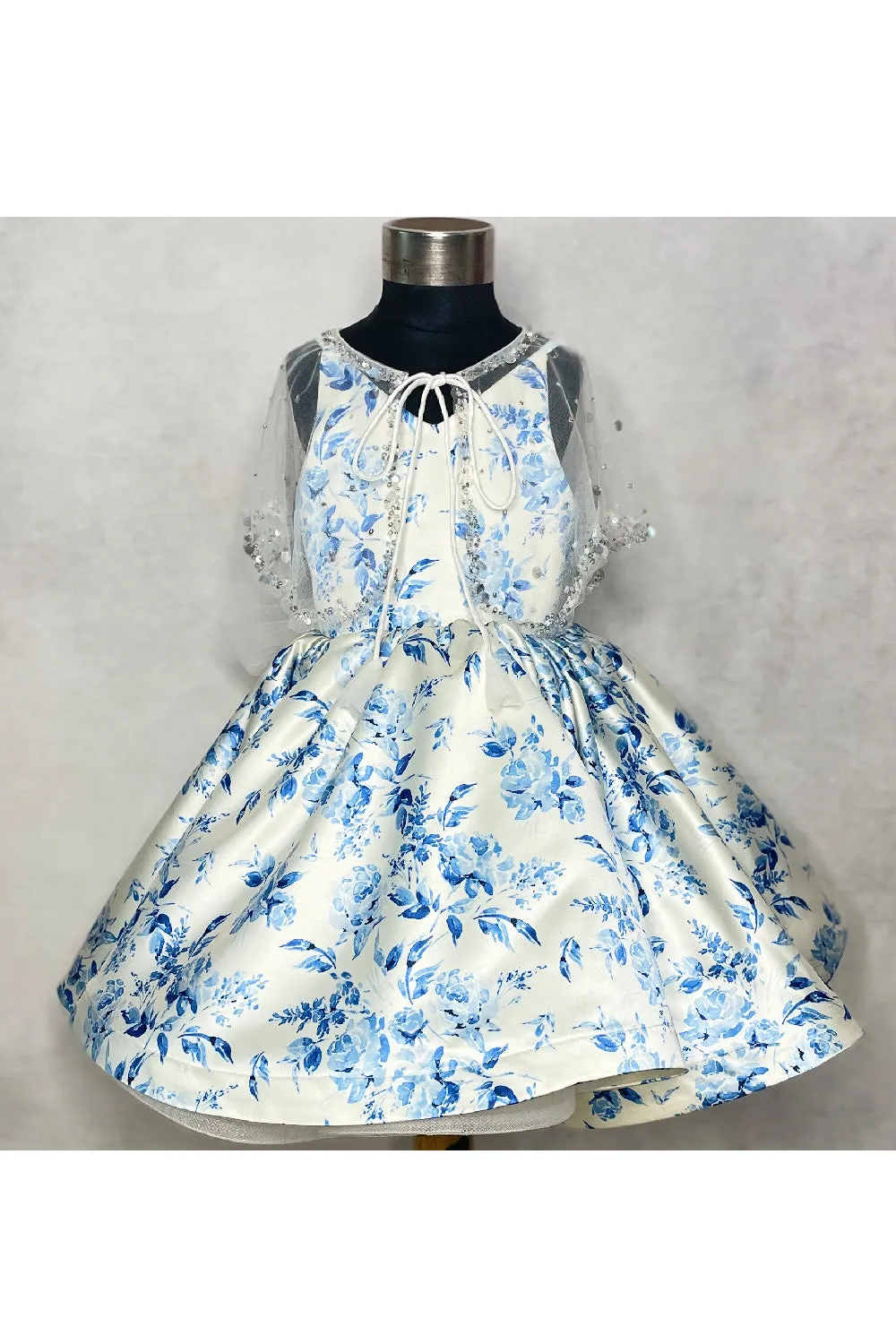 Blue Floral Printed White Satin Dress With Cape