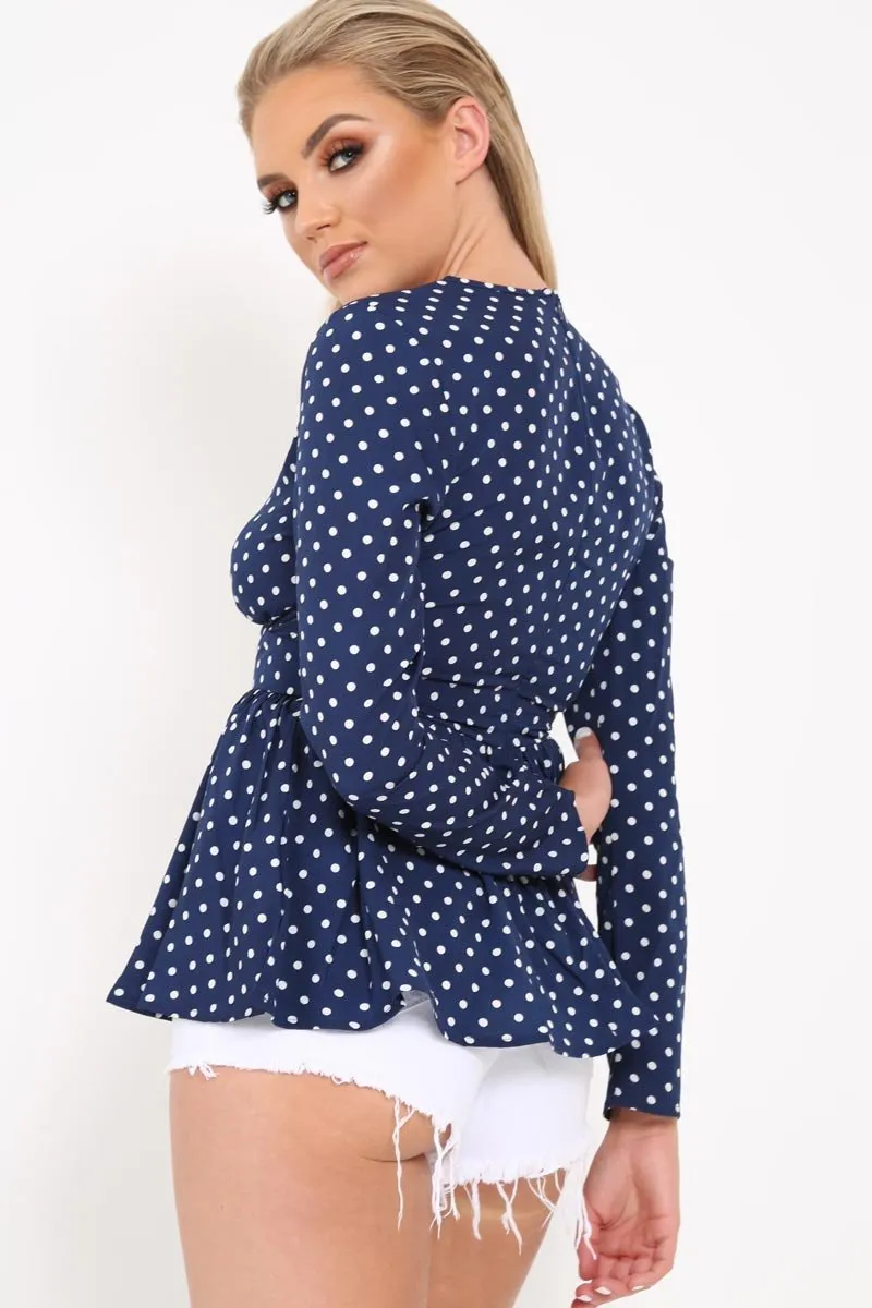 Blue Polka Dot Button Detail Peplum Top - Rayaan