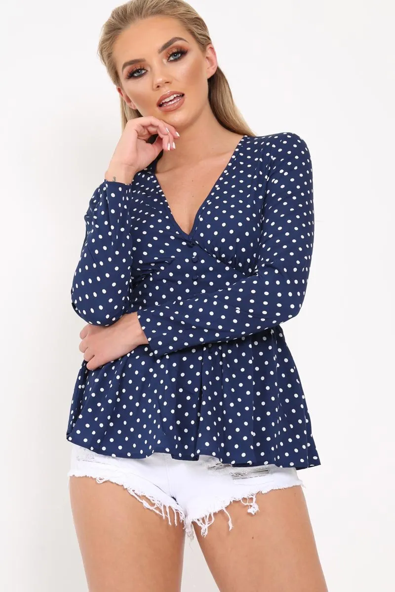 Blue Polka Dot Button Detail Peplum Top - Rayaan