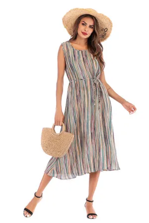 Colorful Striped Lace-up Sleeveless Long Dress