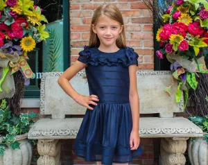 David Charles London Girls Navy Tone Striped Dress