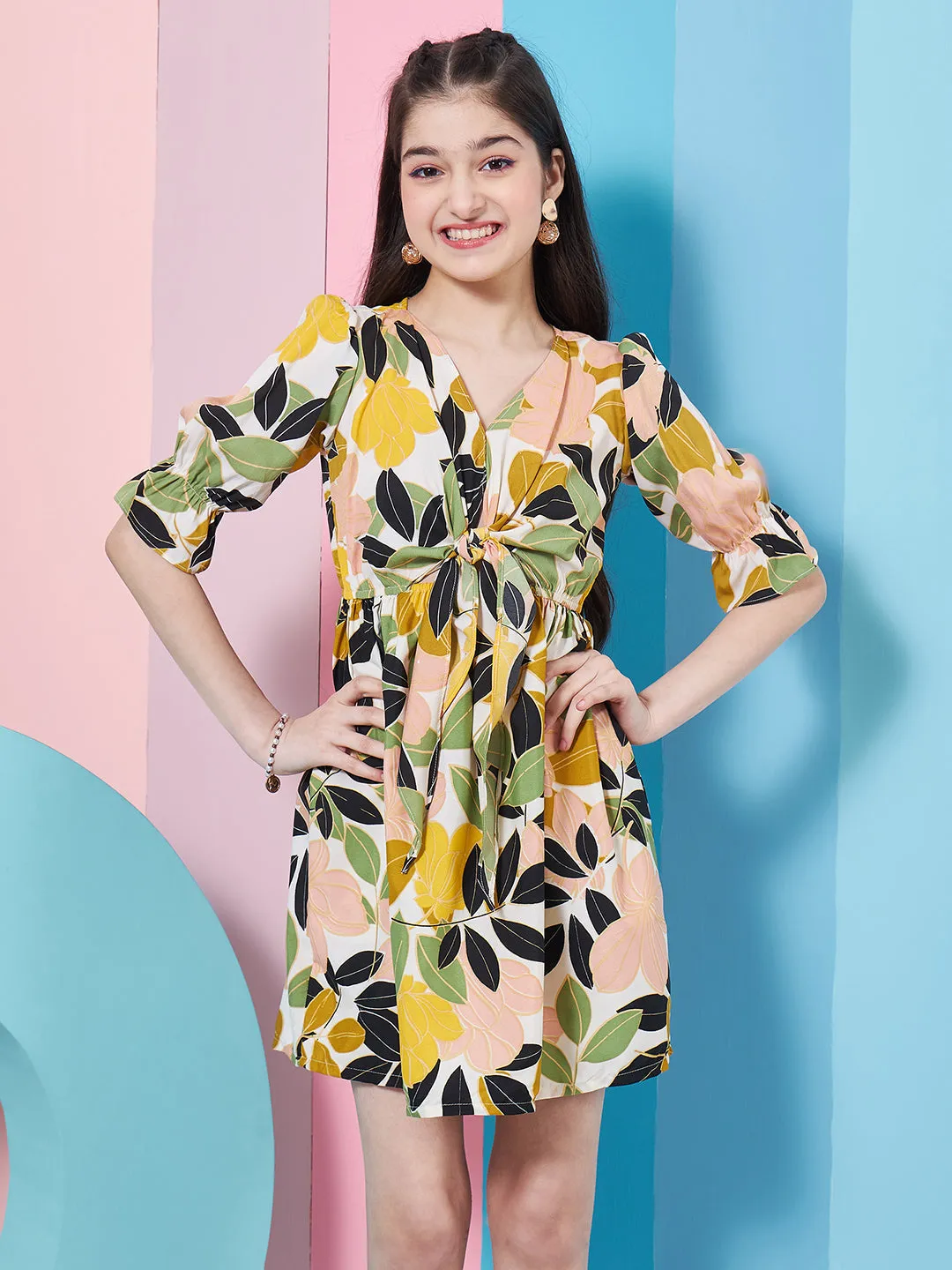 Girls Floral Printed V-Neck Bell Sleeve A-Line Dress - PS Peaches