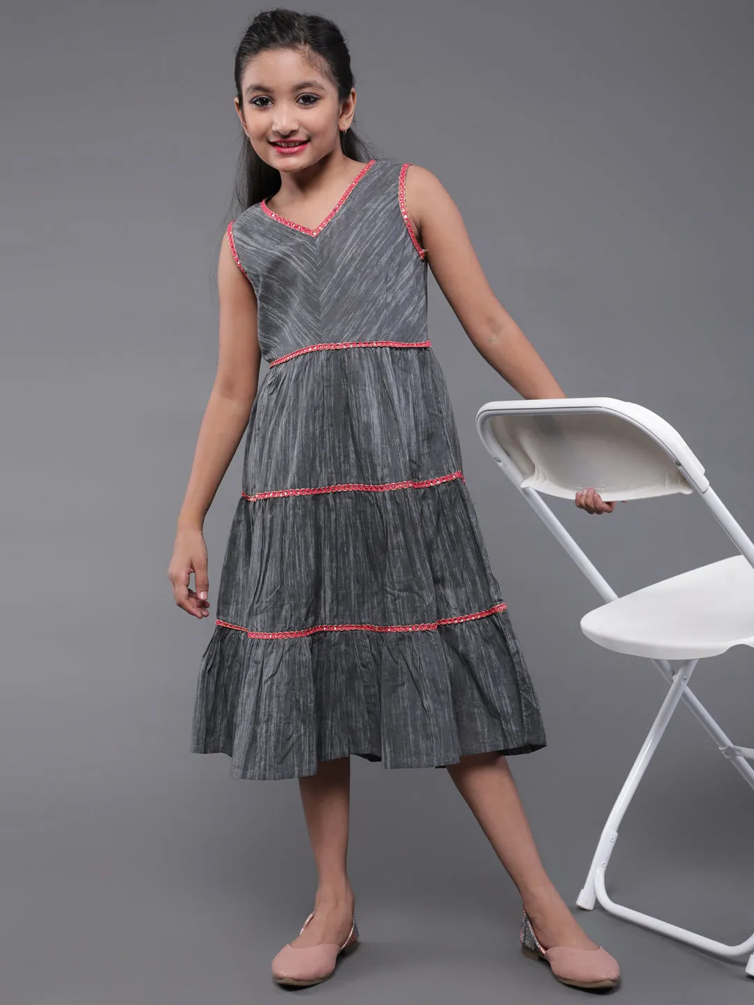 Girl's Grey Printed Tiered Dress With Lace Details - Aks Girls