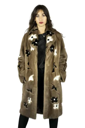 Long coat in mink with Floral Inlays