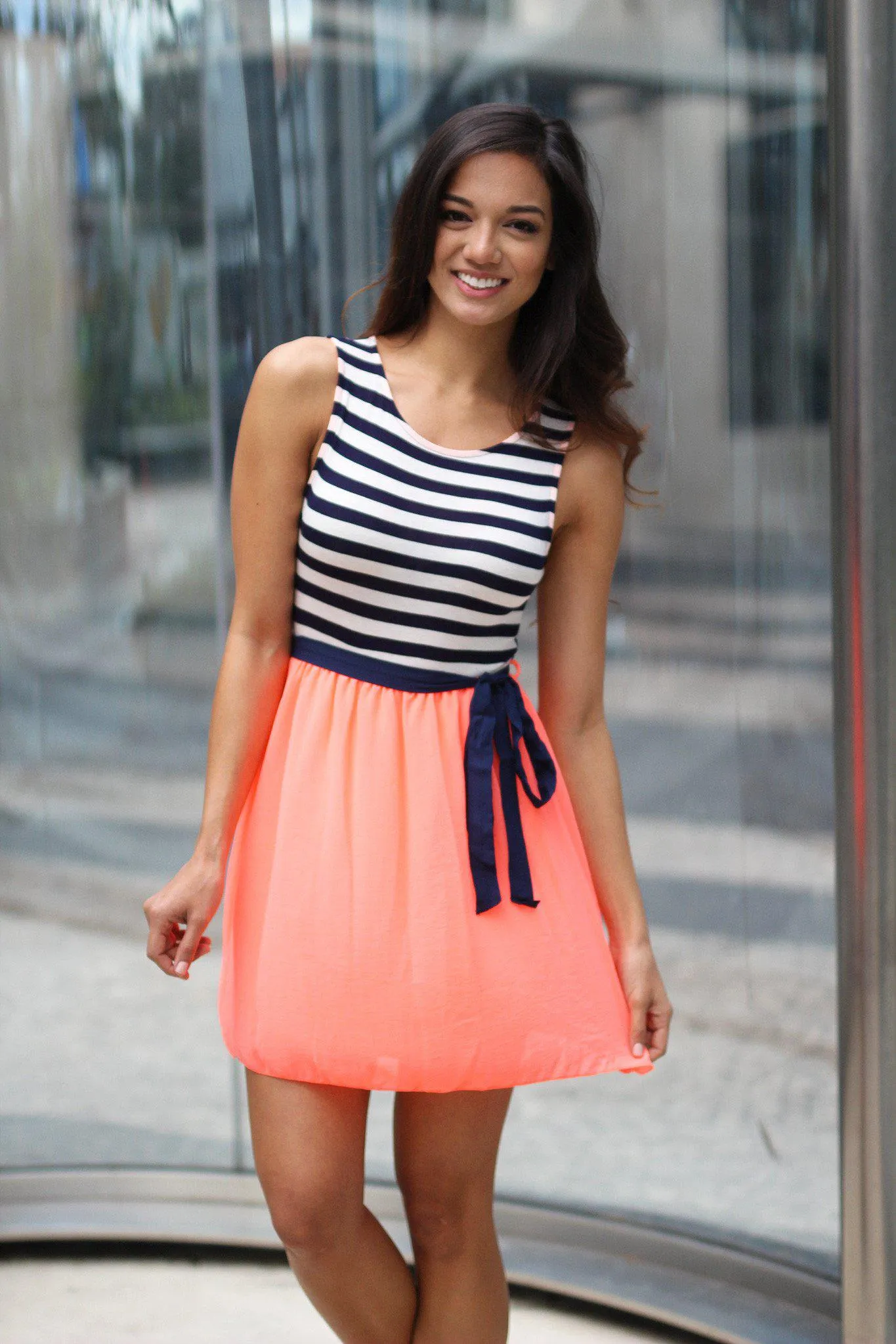 Neon Coral Striped Short Dress