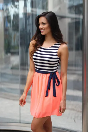 Neon Coral Striped Short Dress