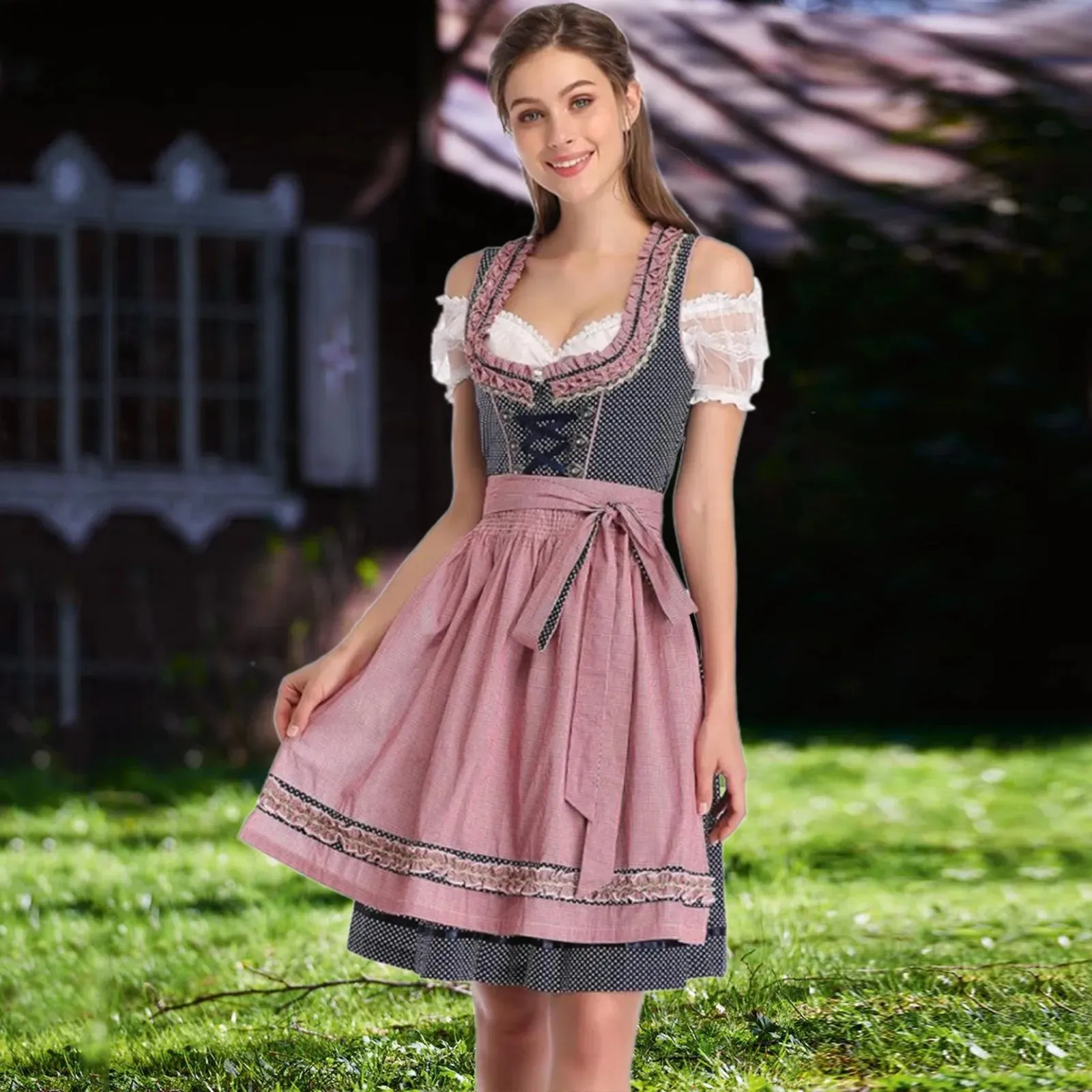 Oktoberfest Waitress Maid Dirndl Lederhosen Carnival Party Fancy Midi Bavaria Dress