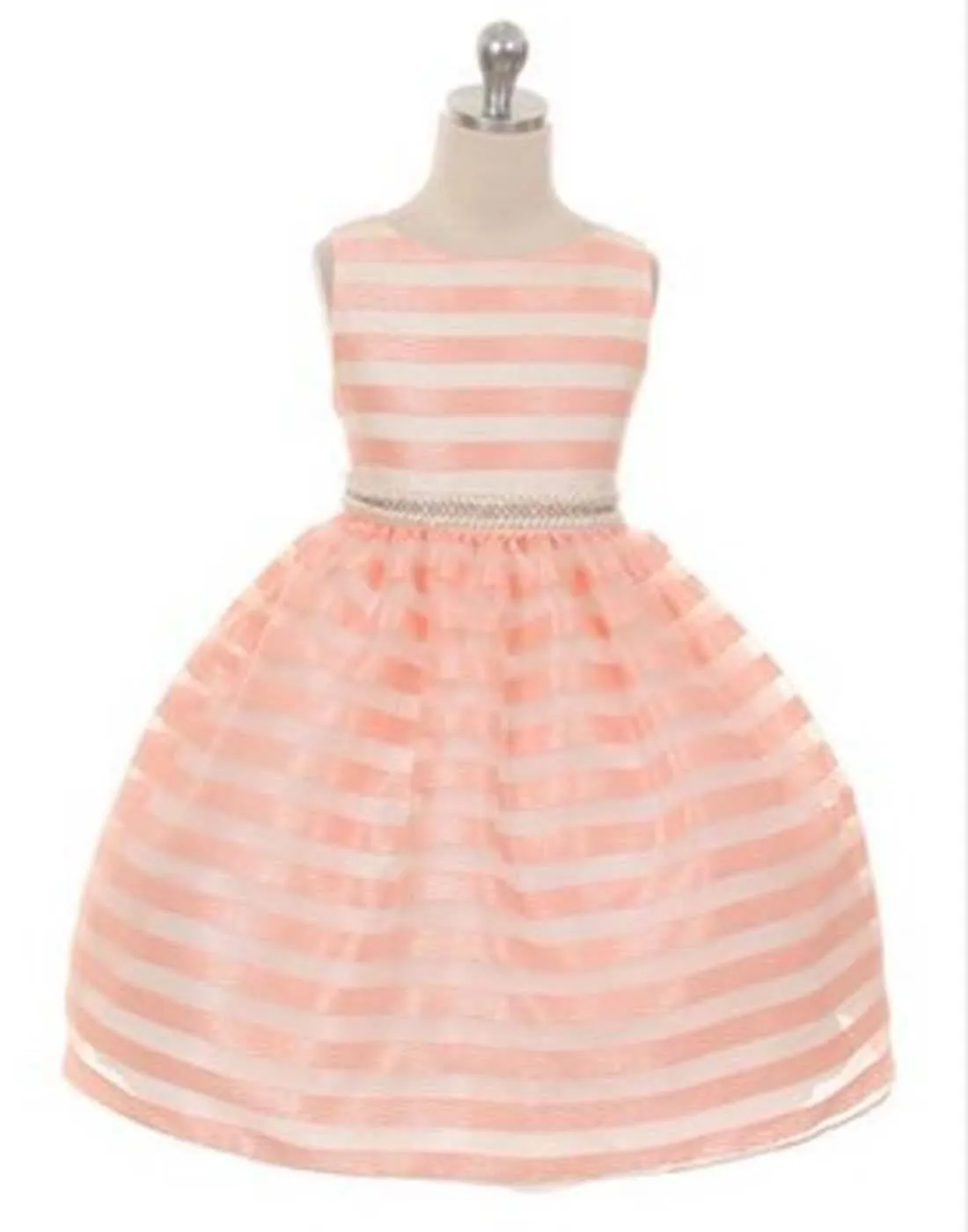 Organza Striped Overlay Dress with Gem Belt - Peach