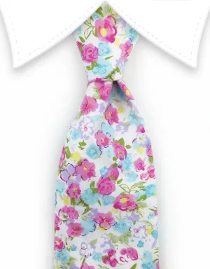 Pink and Light Blue Cotton Floral Tie