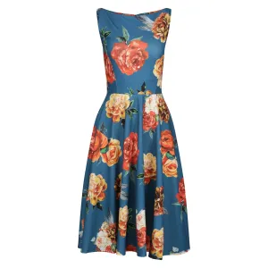 Teal Blue Rose Floral Print Audrey Style 1950s Swing Dress