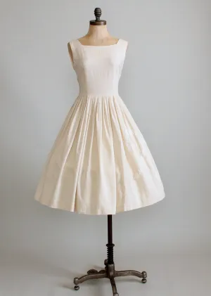 Vintage 1950s Tan Silk Blend Sundress with Lace Bow