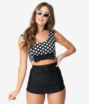 Vintage Style Black & White Polka Dot Bow Swim Top