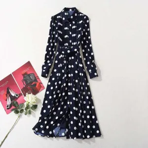 Women's Dark Blue Polka Dot Long Shirt Dress