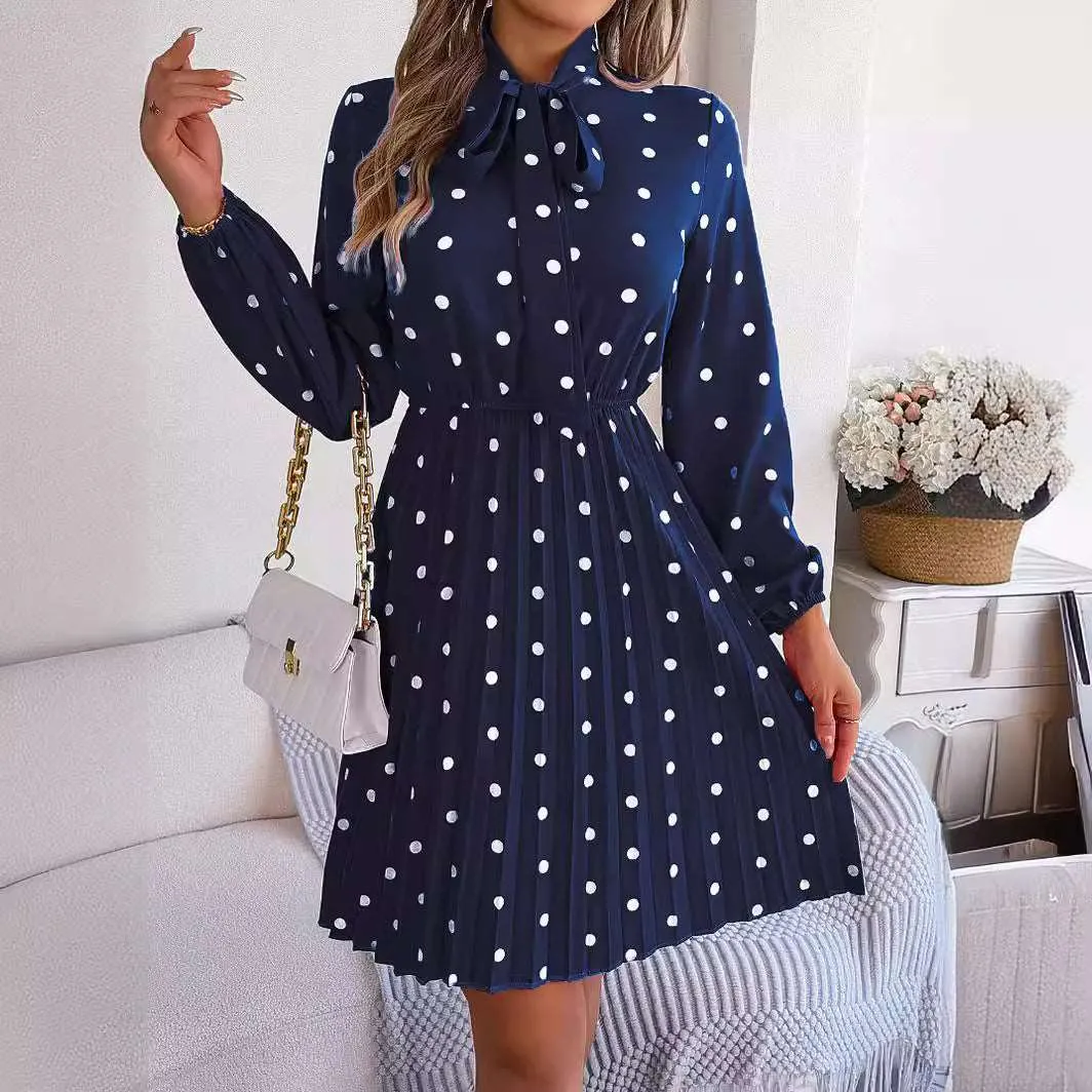 Women's Polka-dot Neck Bow Waist-controlled Long Sleeved Pleated Dress