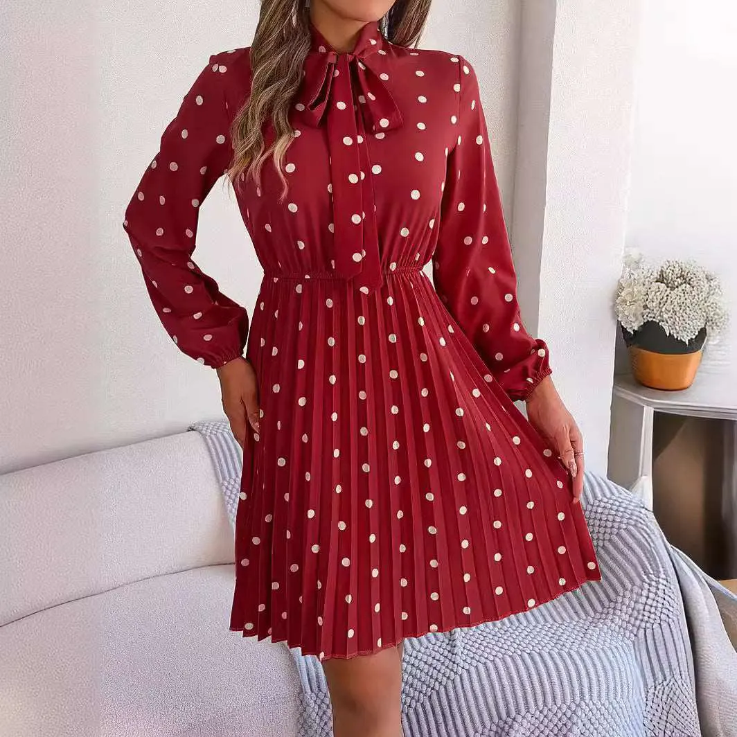 Women's Polka-dot Neck Bow Waist-controlled Long Sleeved Pleated Dress