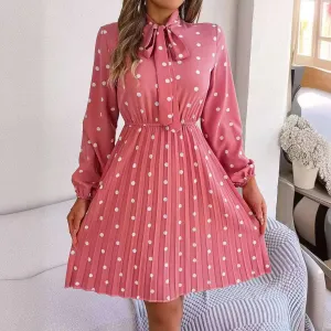 Women's Polka-dot Neck Bow Waist-controlled Long Sleeved Pleated Dress